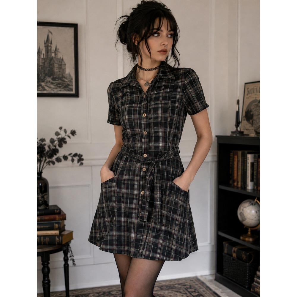 Disturbia Plaid Shirt Dress Womens 10 Dark Academia Grunge Belted Pockets